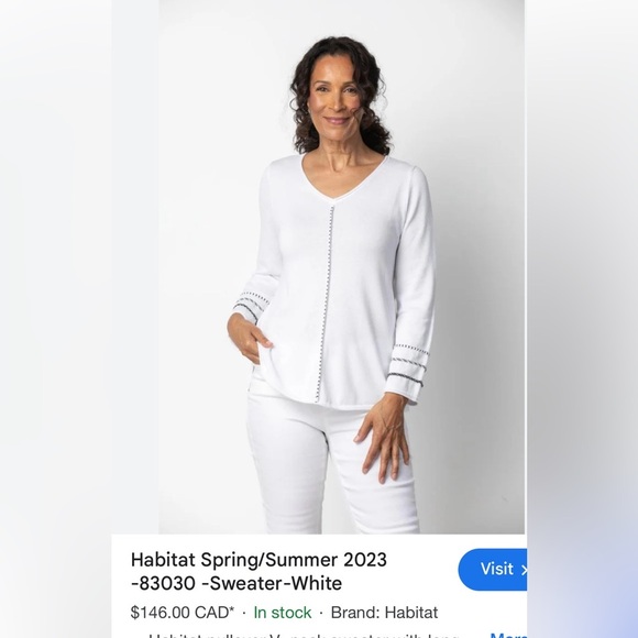 Habitat sweater,women,PTP 19.5” white cotton  pull over,v neck,trim,EC - Picture 1 of 13